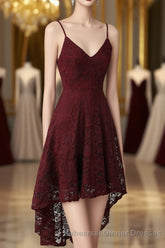 Spaghetti Strap High-Low Burgundy Lace Bridesmaid Dress
